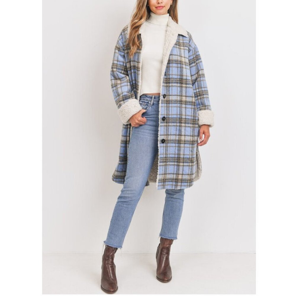 Boho Western Plaid Flannel Faux Fur Sherpa Lined Long Shacket Jacket Coat - Picture 2 of 7